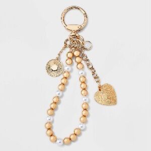 Beaded and Heart Bag Charm - a New Day Gold and Pearl Wristlet Keychain - NEW